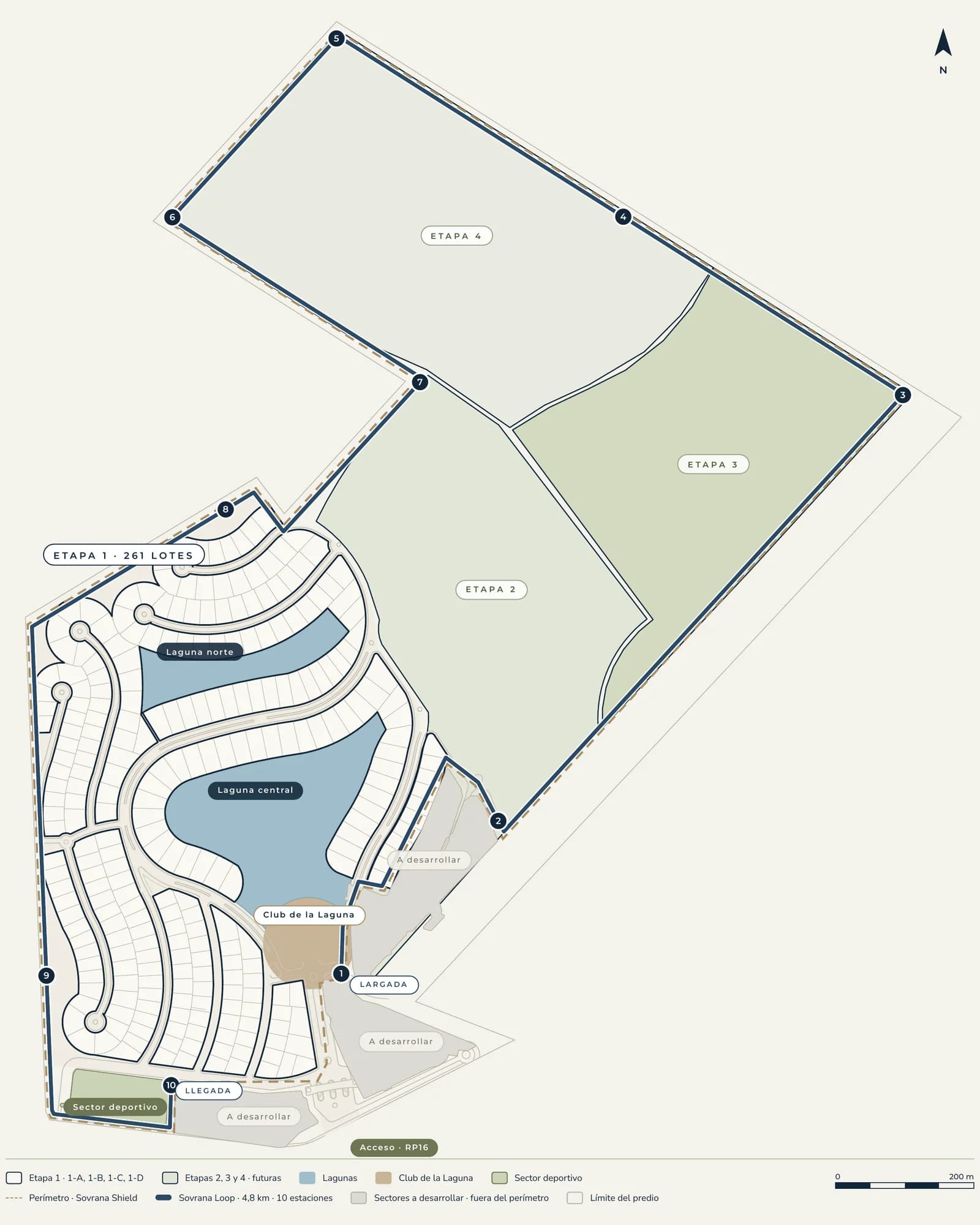 Masterplan comercial de SOVRANA: Etapa 1 con 261 lotes alrededor de la laguna central, el Club de la Laguna y las etapas 2, 3 y 4
